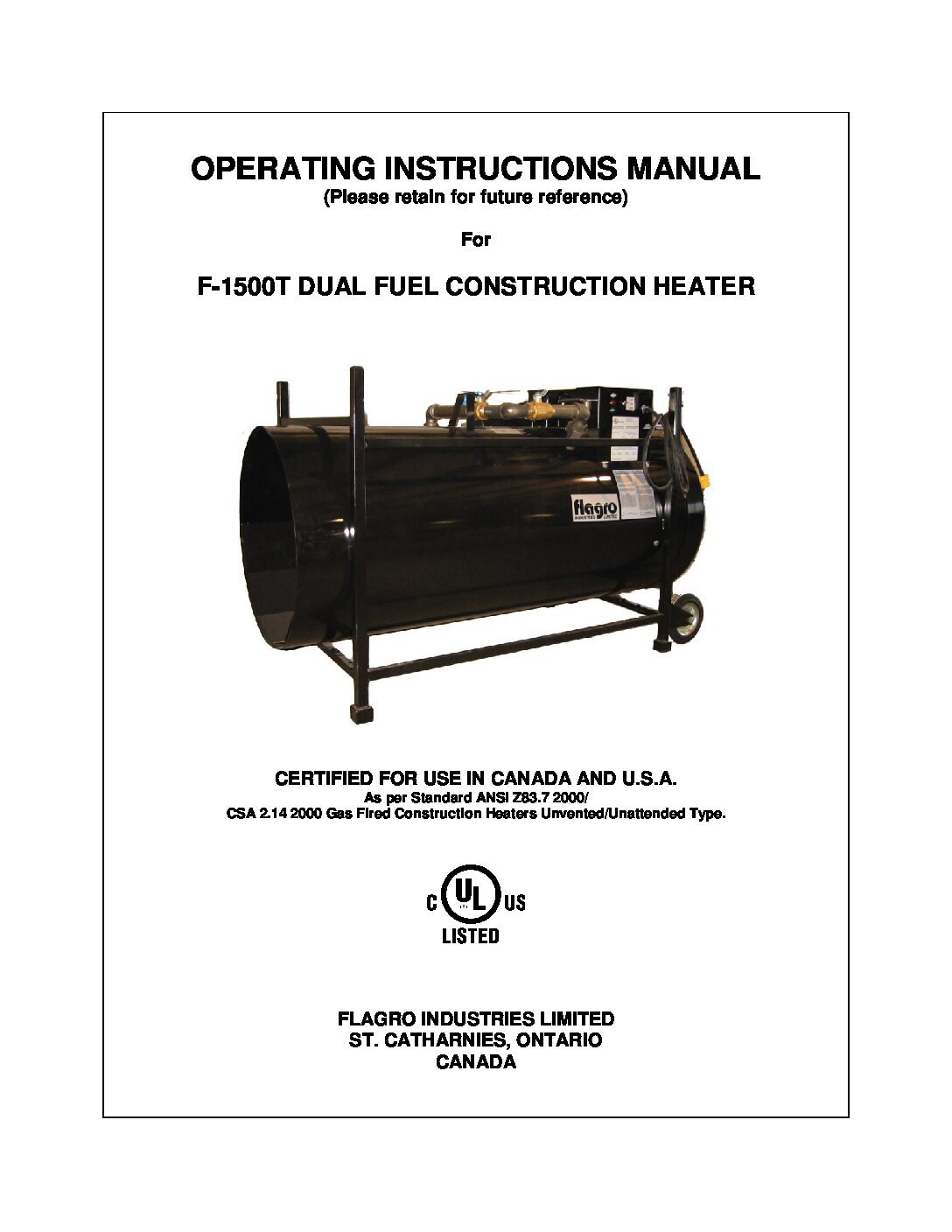 Flagro Flf1500t Dual Fuel Direct Fired Heater 5351